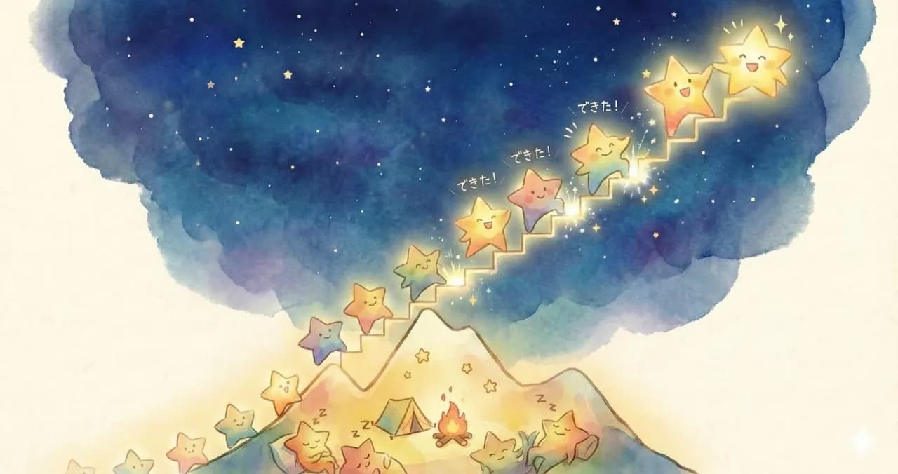 星たちがベースキャンプからスモールステップで社会へ羽ばたく水彩イラスト
