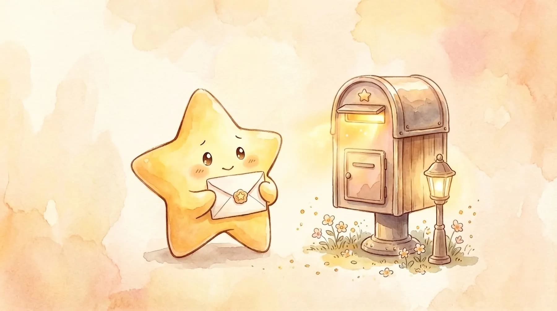 星が手紙を持ってポストに届けに行く水彩イラスト