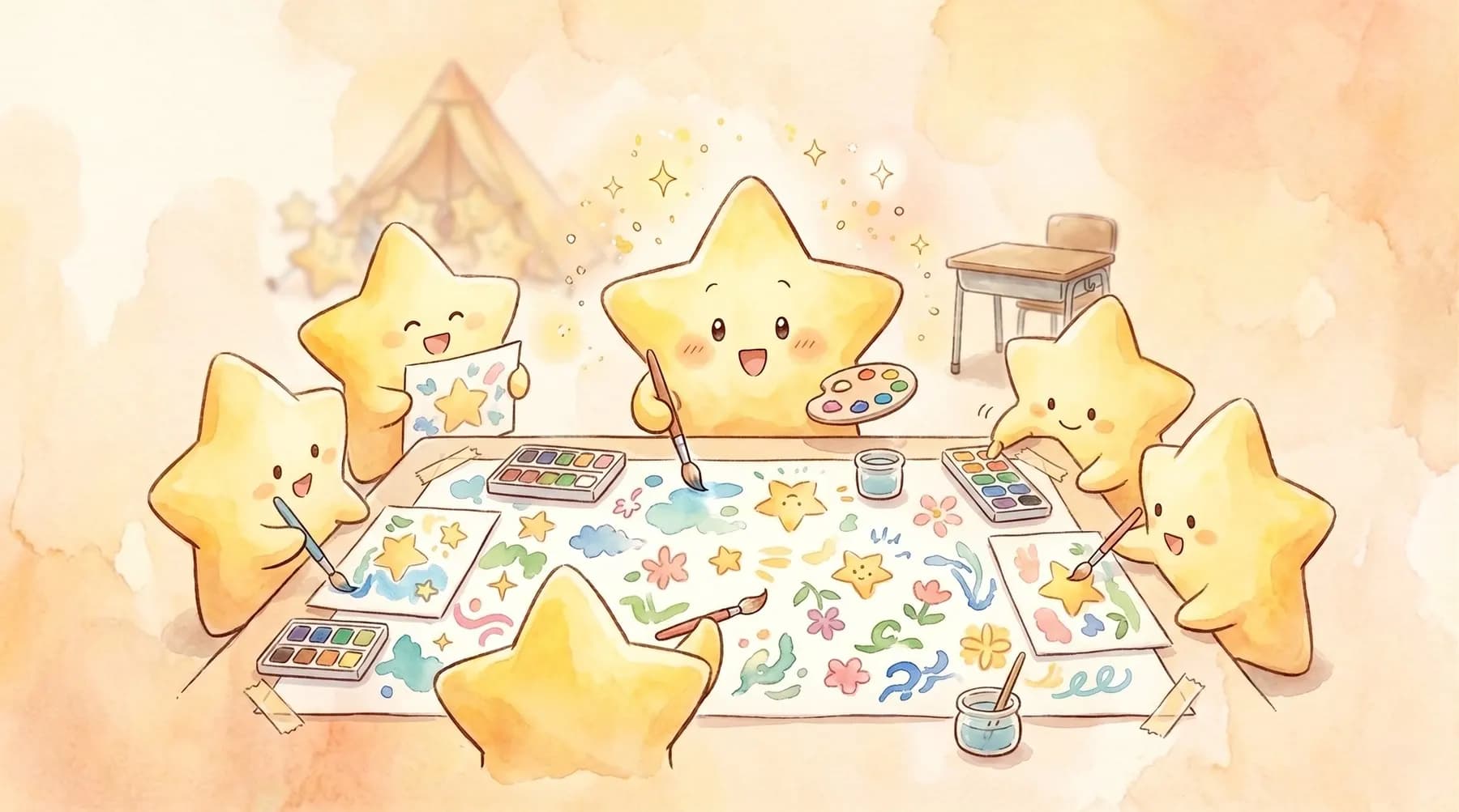 星たちが机を囲んで水彩画を描く水彩イラスト
