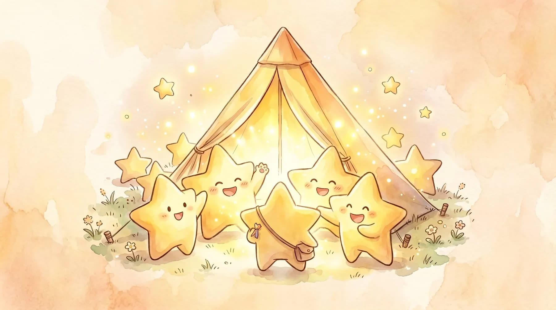 ベースキャンプで仲間の星たちに迎え入れられる水彩イラスト