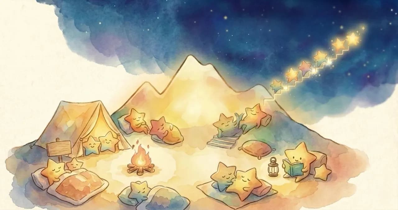 星たちがベースキャンプで安心してくつろぐ水彩イラスト